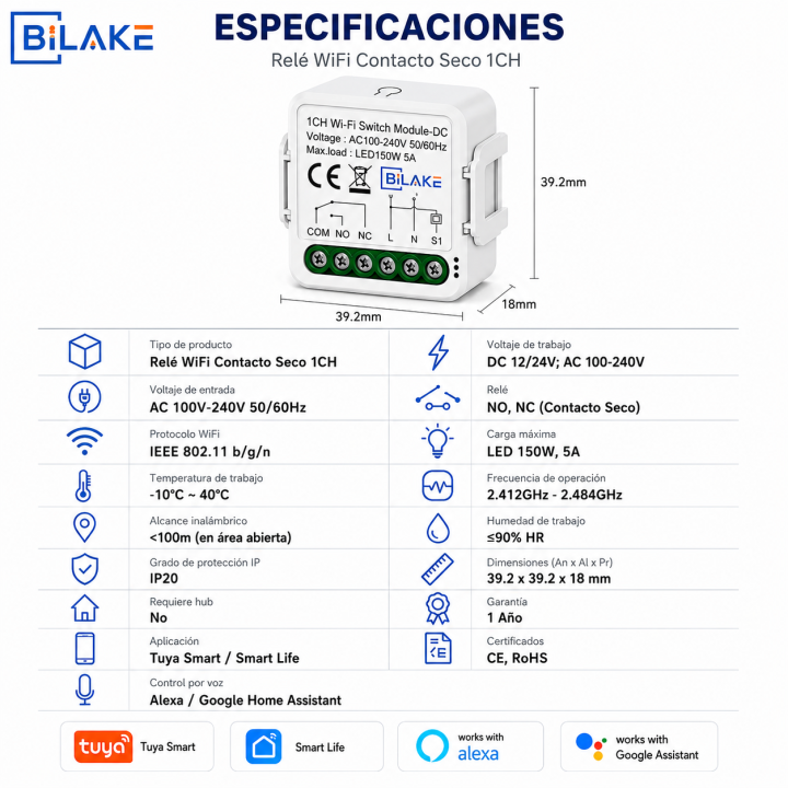 Relé wifi de contacto seco 1 canal — especificaciones